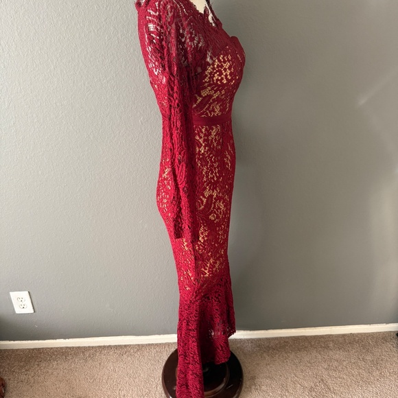 L'atiste By Amy Lace Party Dress Sz S Hi Low Hem Long Sleeve Dark Red Mermaid - Picture 5 of 9